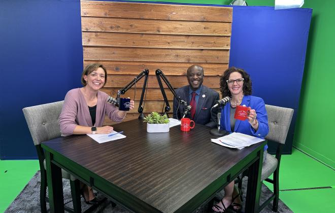 Jen Schreuder, Mayor Yemi and Charae McDaniel take a photo in the Behind the Springs podcast studio