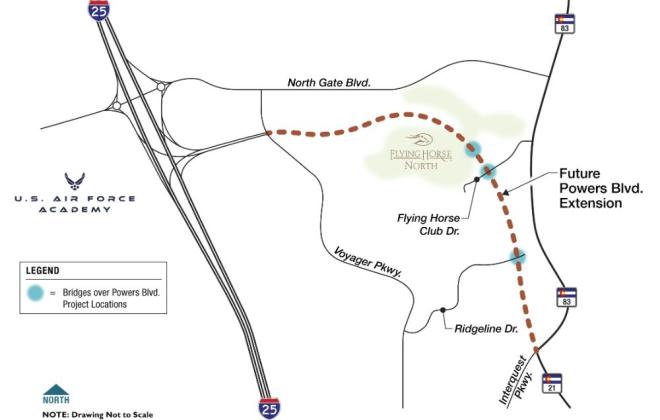 A map showing the planned extension of Powers Blvd to connect through to Interstate 25
