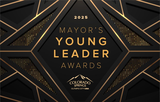 Black and gold decorative graphic that reads "2025 Mayor's Young Leader Awards"