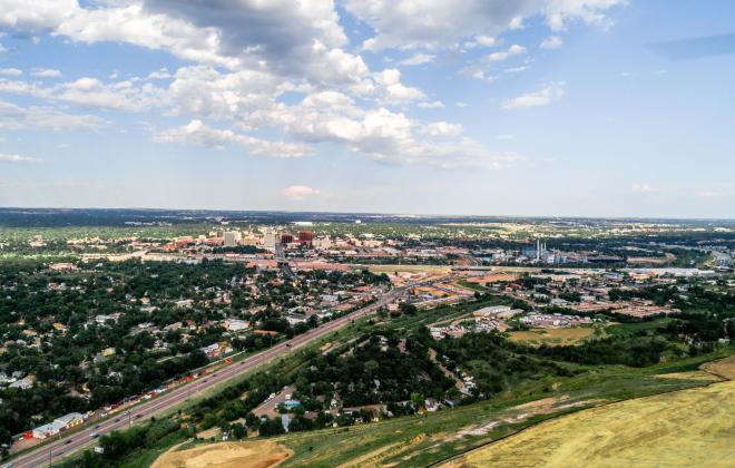 skyline of colorado springs looking toward the eastern plains