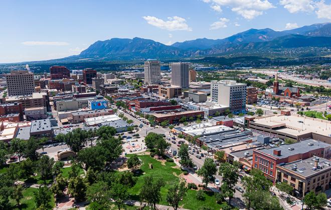 aerial view of acacia park and downtown