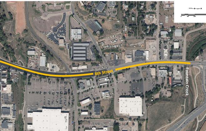 Map of 8th Street from Fountain Creek to Motor City Drive